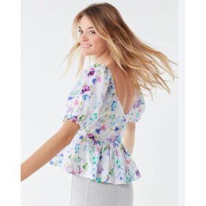 Urban Outfitters Vesna Cottage Core Watercolor Floral Puff Sleeve Peplum Top S